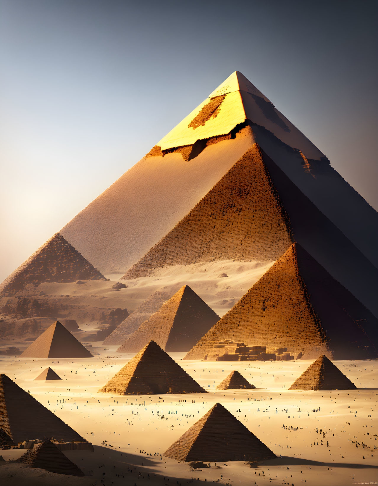 Great Pyramids of Giza casting shadows in the desert sun