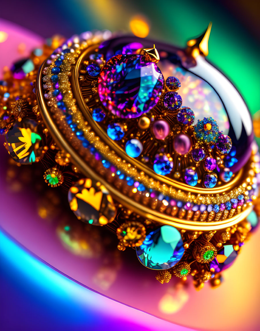 Colorful Gemstone Bejeweled Object on Reflective Background