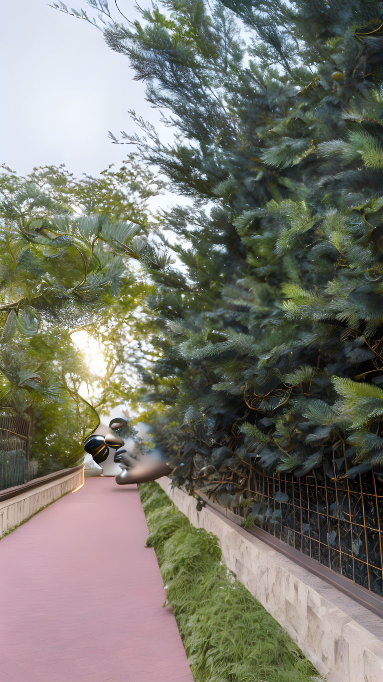 Drone captures pink pathway with green bushes and tall trees at dusk