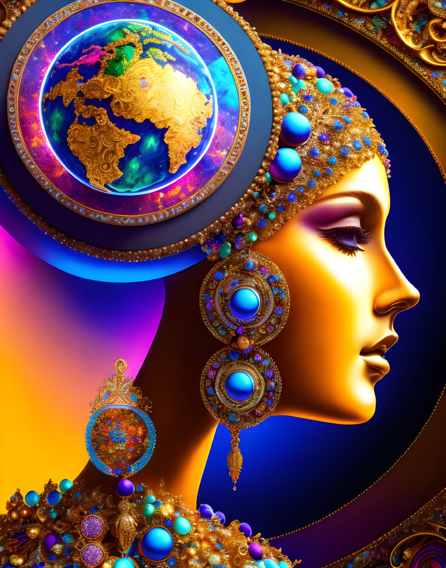 Colorful portrait of a woman with intricate gold headdress and Earth motif