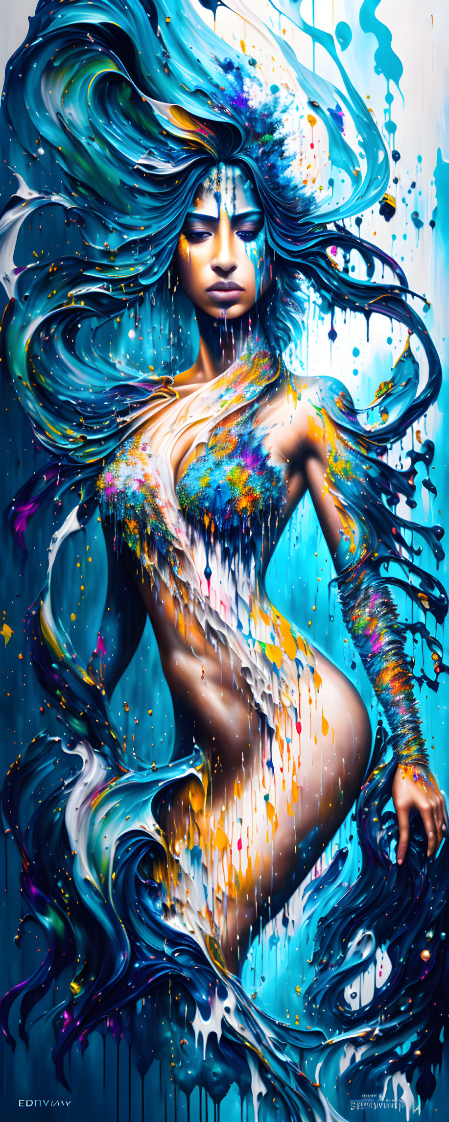 Colorful digital artwork: Woman with multicolored hair merging with paint splashes on blue backdrop