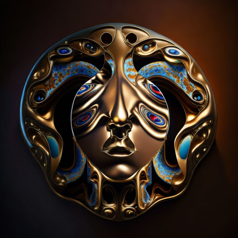 Circular metallic art piece with symmetrical design of human face in blue and gold.