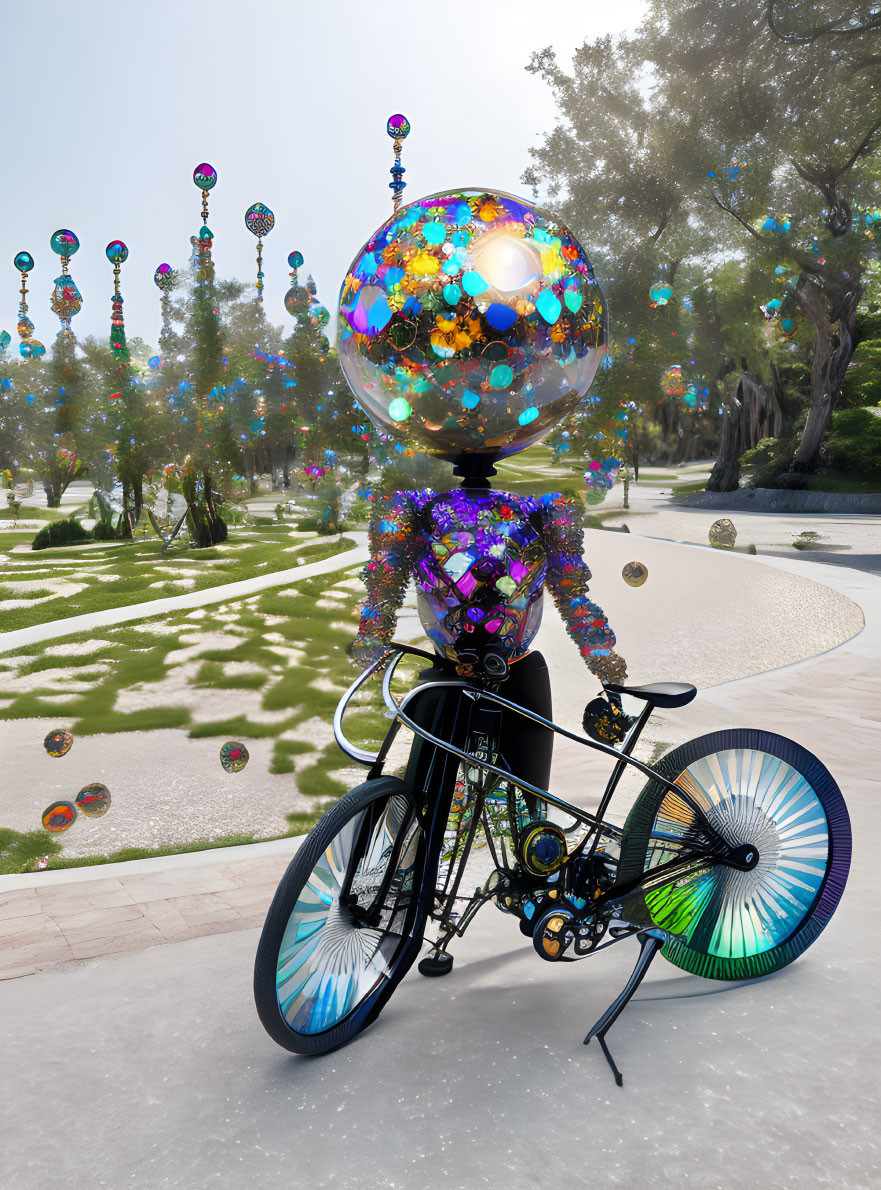 Surreal figure with mirrored sphere head on iridescent bicycle in orb-filled park