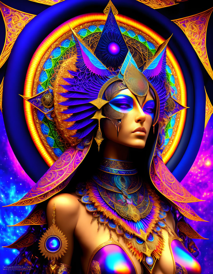 Digital artwork: Character with golden headgear in cosmic setting