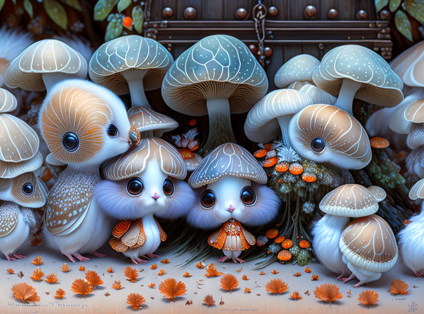 Whimsical illustration of fluffy creatures in forest setting