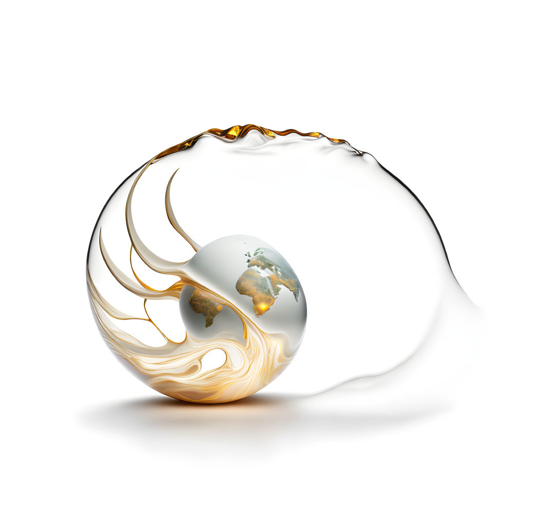 Golden Swirling Orb with Earth Depiction on White Background