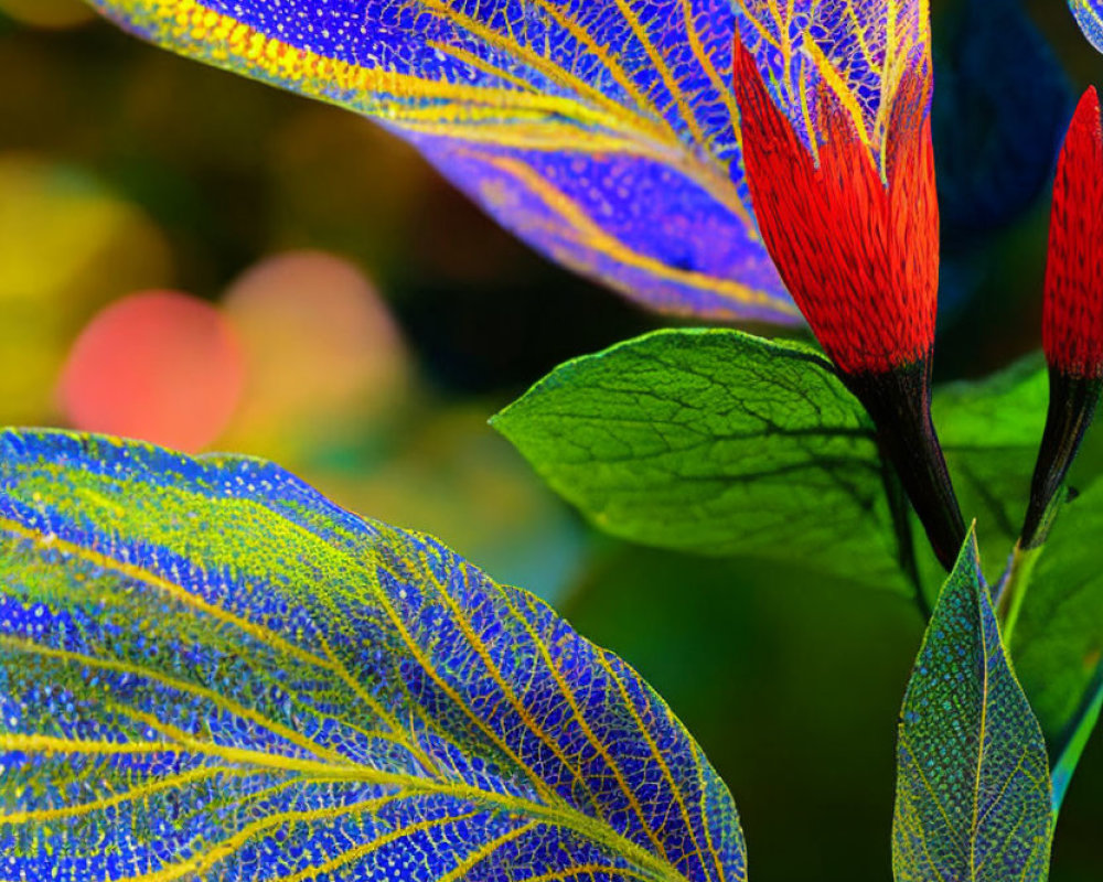 Colorful Blue and Yellow Veined Leaves on Blurred Background