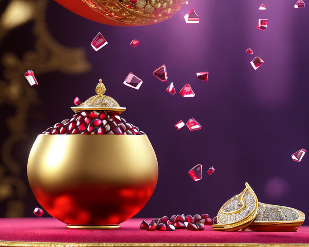 Golden Pot Overflowing with Red Jewels on Purple Background