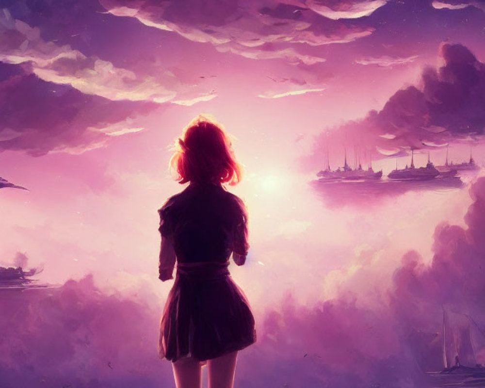 Girl in field at sunset with pink-purple sky and floating ships.