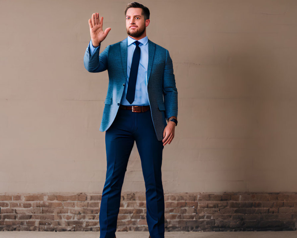 Man in Blue Suit and Tie Raising Right Hand against Neutral Background