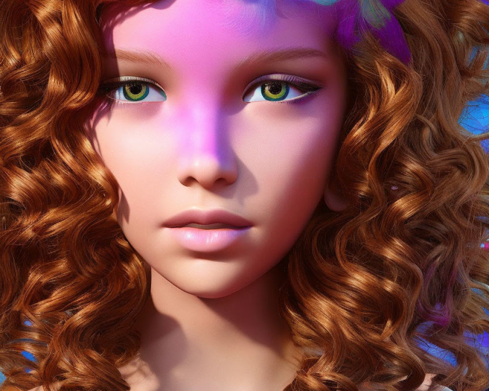 Vibrant digital portrait of woman with auburn hair and multicolored light.