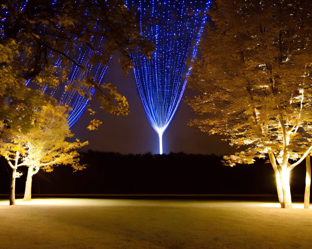 Night Scene: Illuminated Trees & Blue Light Cascade in Dark Sky