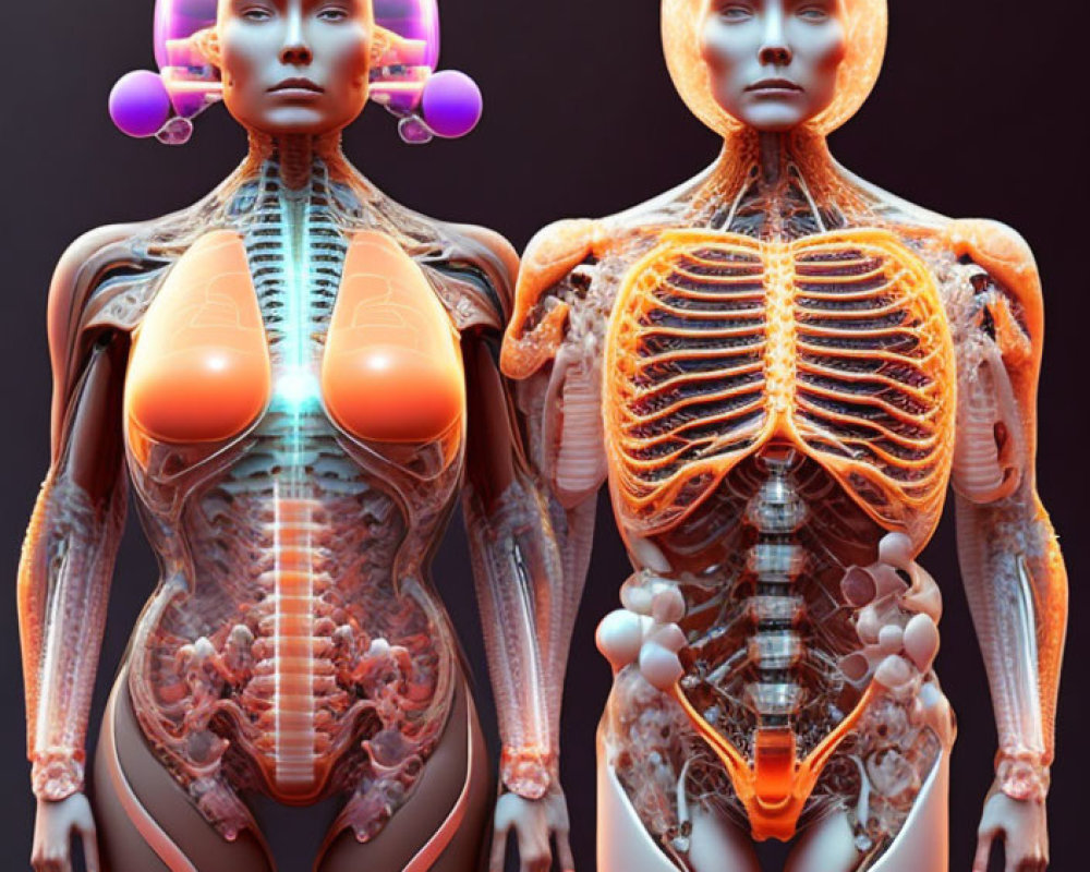 Detailed illustration of humanoid figures with partial anatomical visibility on dark background