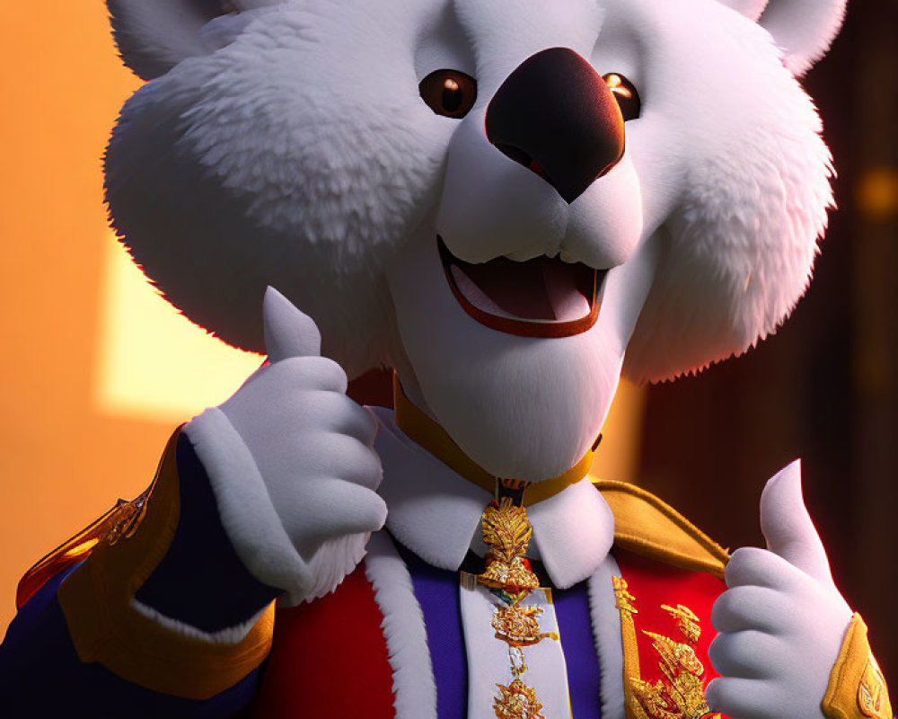 Animated koala in red uniform with gold embroidery and purple cap.