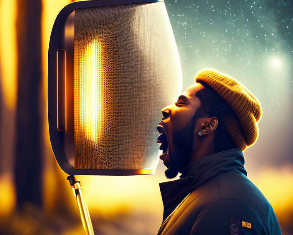 Person in beanie yelling into large illuminated speaker against night sky forest backdrop