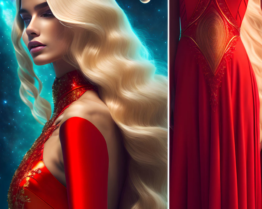 Blonde woman in red dress on cosmic background with stars and planet