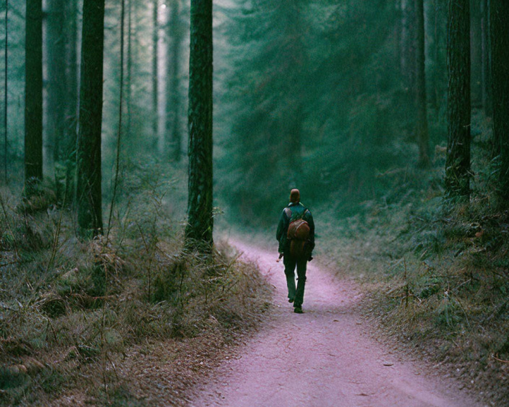 Person walking in serene forest among tall pine trees