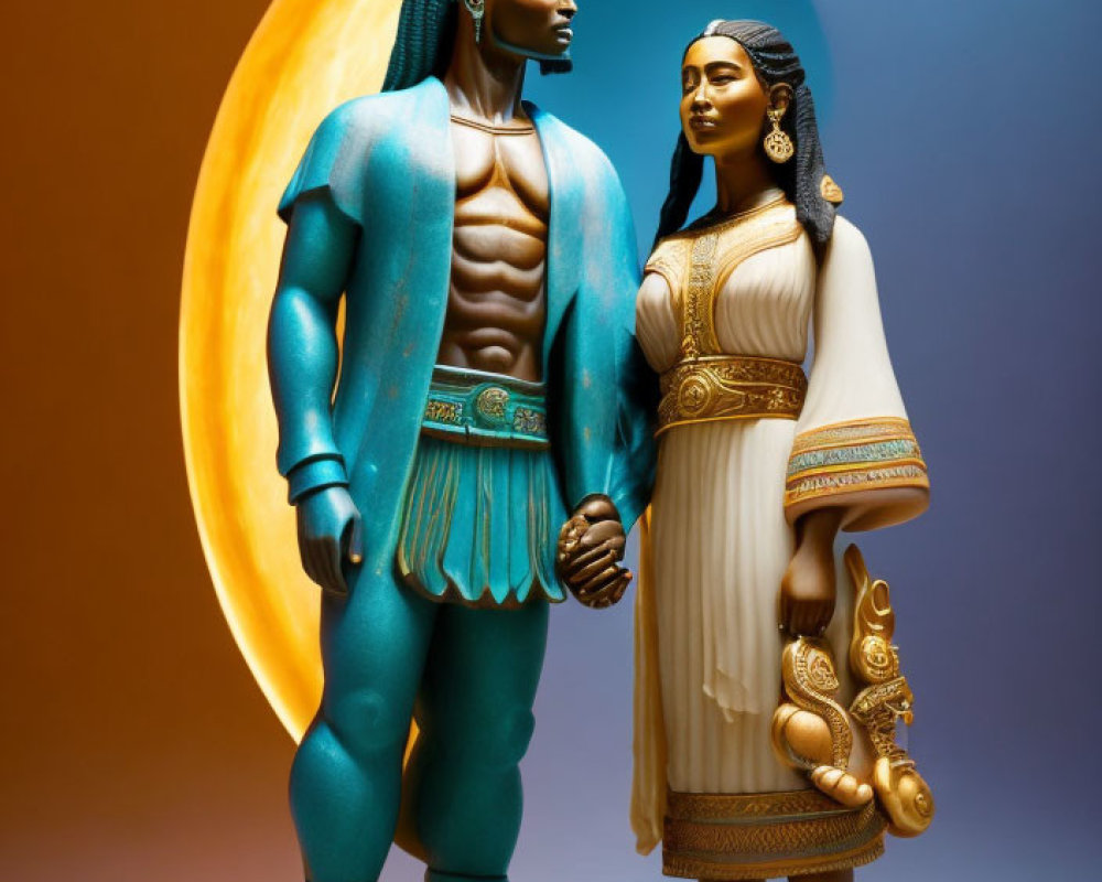 Stylized muscular man and woman figurines on crescent moon backdrop