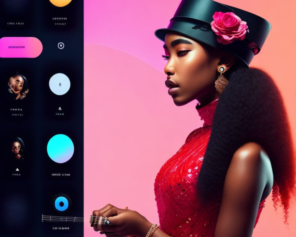 Woman in red dress and top hat with pink flower and hoop earrings on phone editing interface backdrop