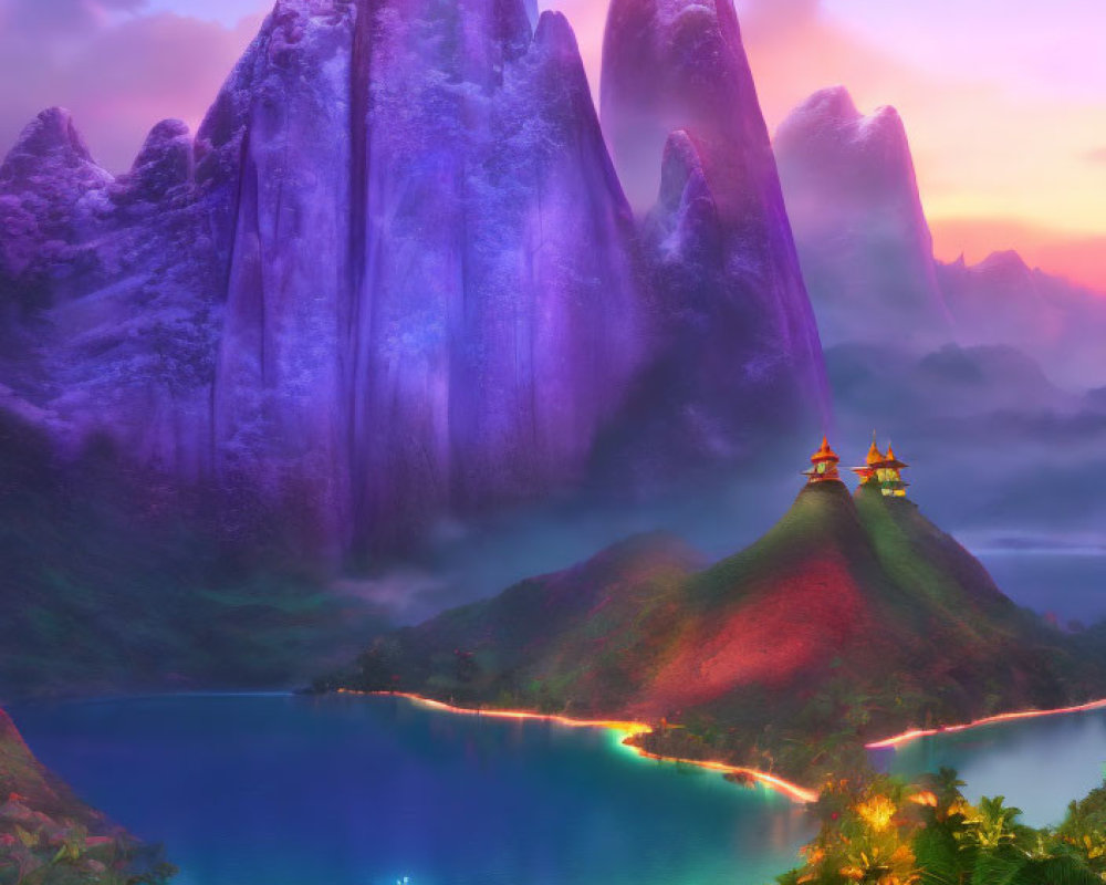 Mystical sunset landscape with purple mountains, serene lake, temples, and tropical foliage