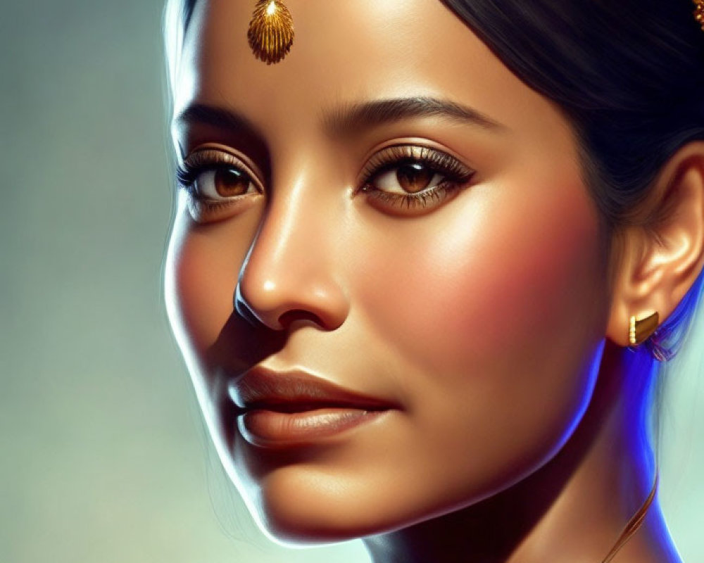 Traditional South Asian jewelry adorns a woman in a digital portrait with glowing skin and an elegant gaze.