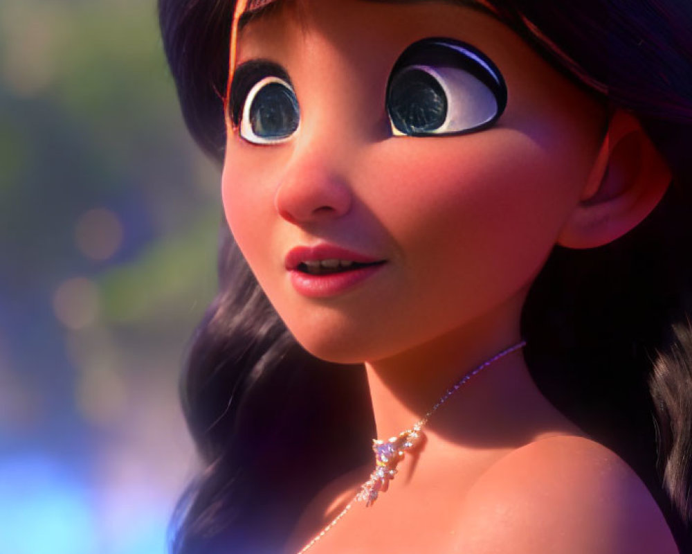 Female animated character in sparkly dress with large eyes and necklace, gazing up in front of blurred