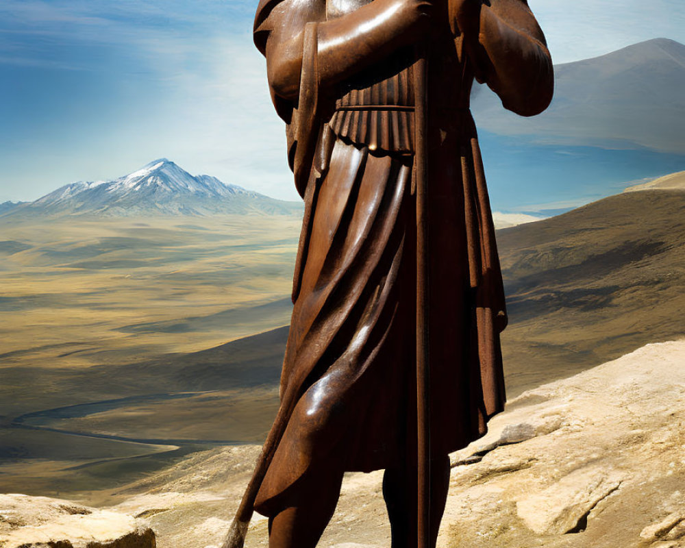 Bronze statue of bearded man in ancient robes with staff before mountain landscape