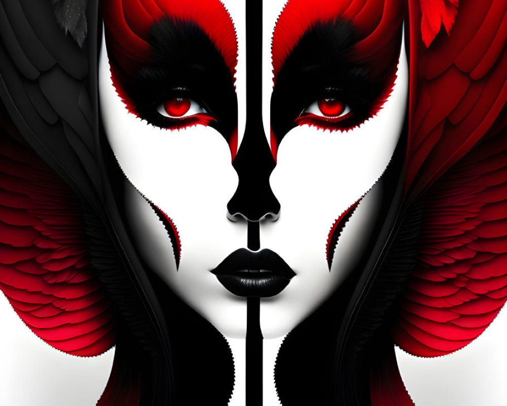 Symmetrical digital art: face split in contrasting black and white with red details and feathers