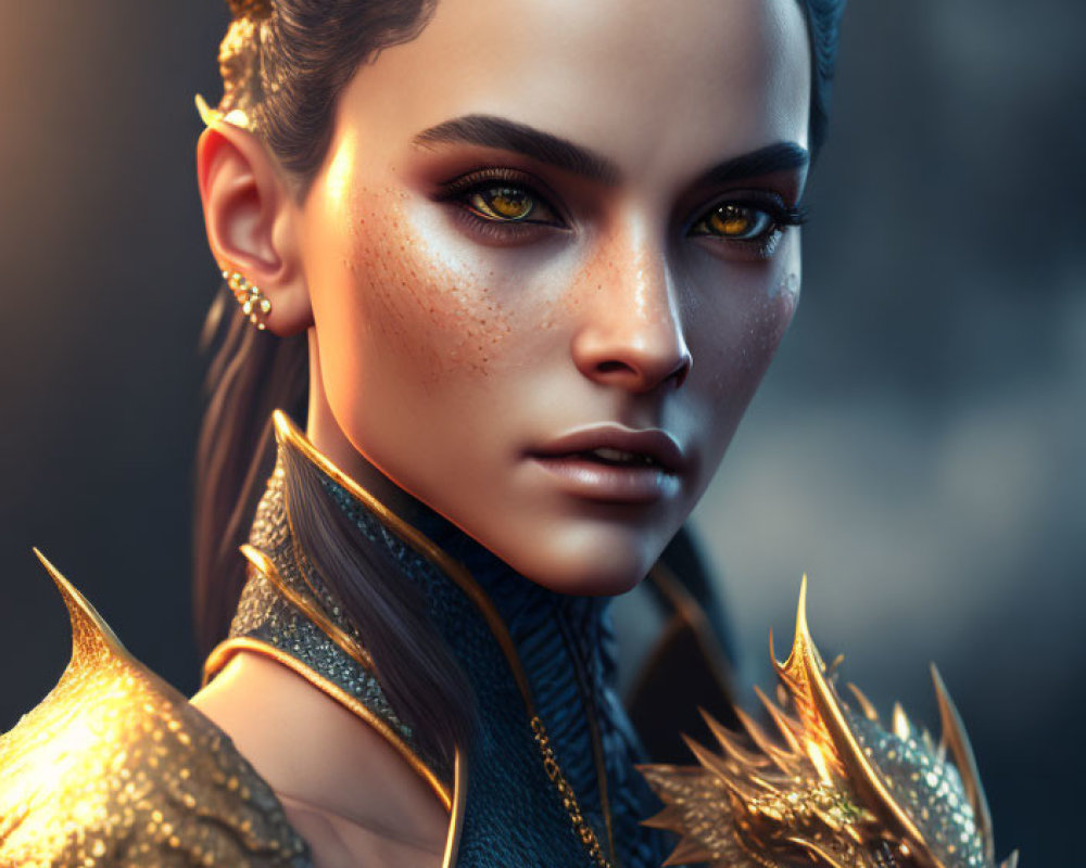 Fantasy digital artwork: female character with horns, golden armor, small dragon.