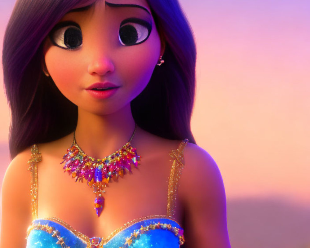 Purple-haired female character with large eyes in jeweled blue dress against sunset.