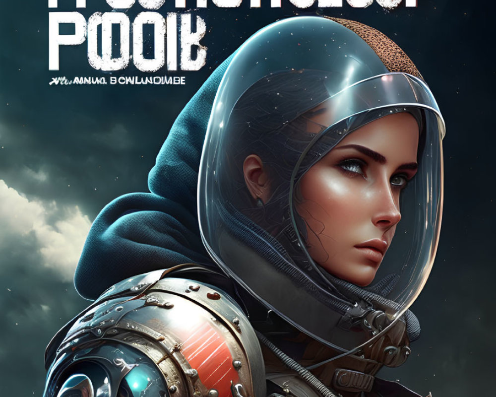 Detailed Female Astronaut Illustration in Spacesuit with Cyrillic Text on Cosmic Background