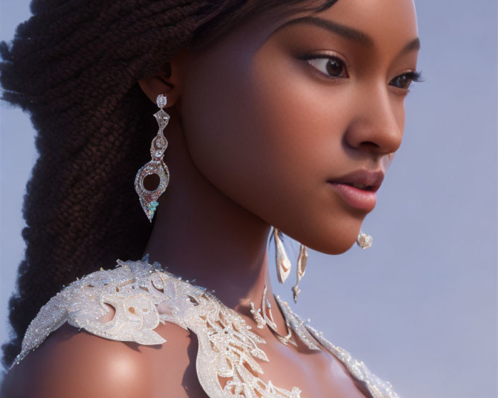 Elegant woman with braided hair in white gown and drop earrings on blue background