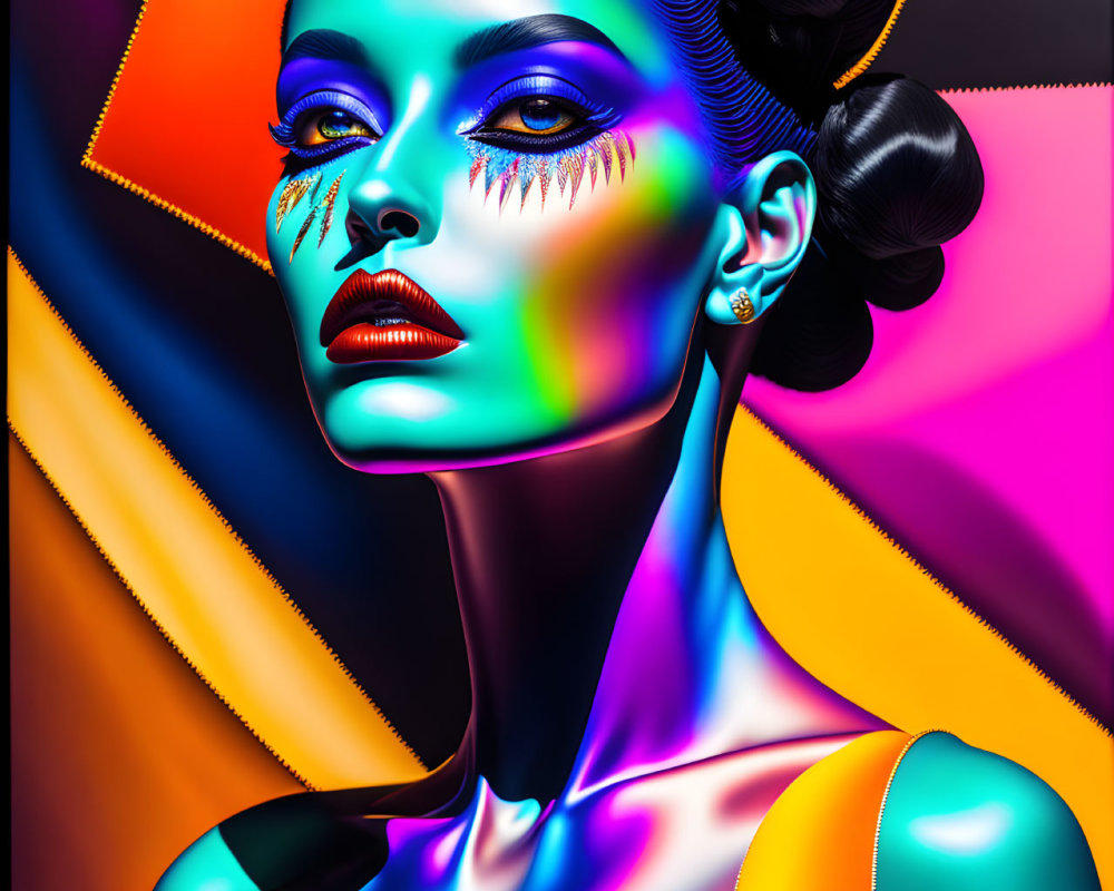 Colorful digital portrait of woman with exaggerated makeup and futuristic costume