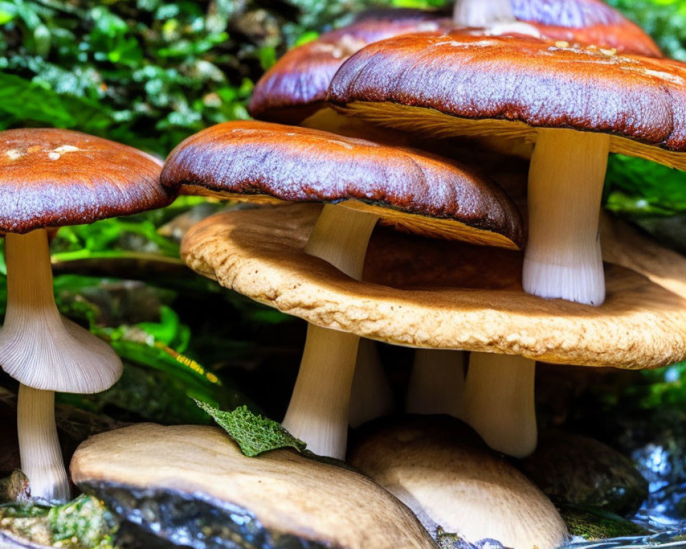 Brown Mushrooms with Glistening Caps in Mossy Streamside Cluster