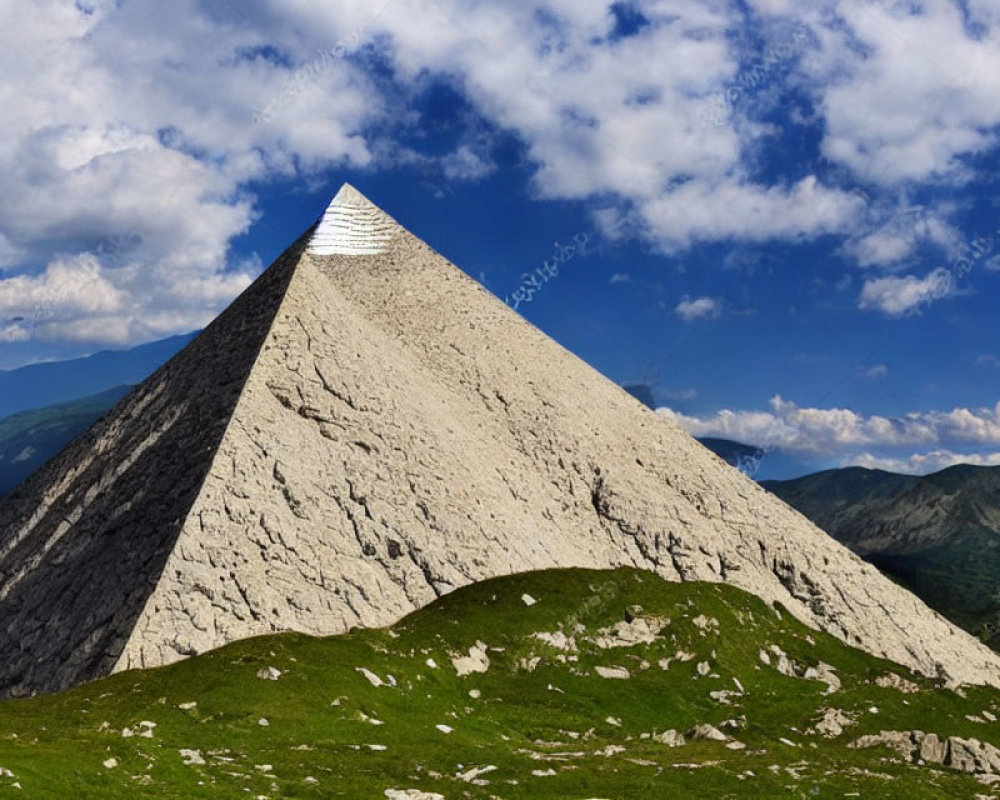 Pyramidal Structure in Green Mountain Landscape under Blue Sky