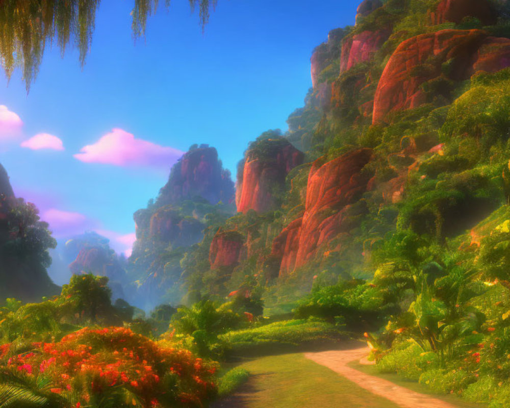 Scenic path with lush greenery, colorful flowers, and red cliffs under blue sky