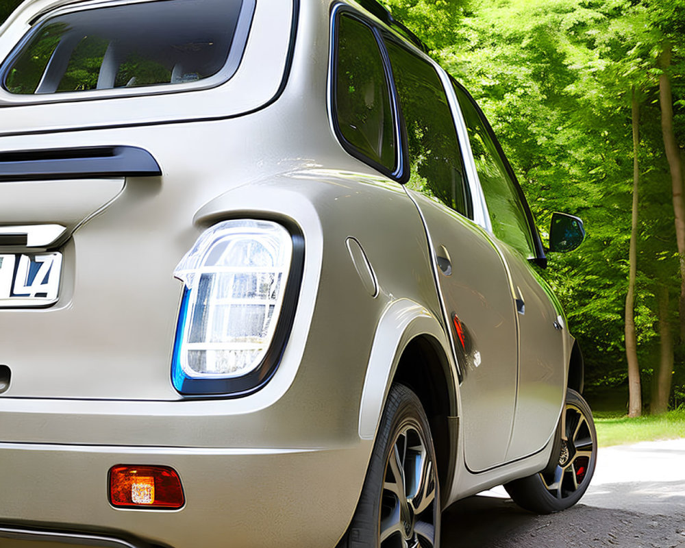 Beige hatchback car parked on road with lush green trees, highlighting rear and side profile.