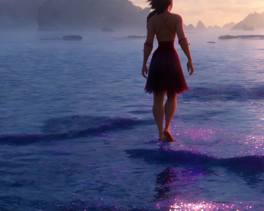 Person standing in shallow water gazes at misty horizon with mountains and sunlit sea