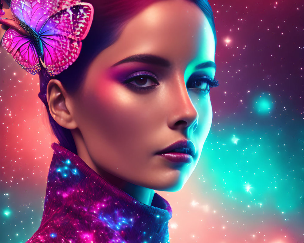 Digital artwork features woman with cosmic makeup and butterflies in hair against space backdrop.