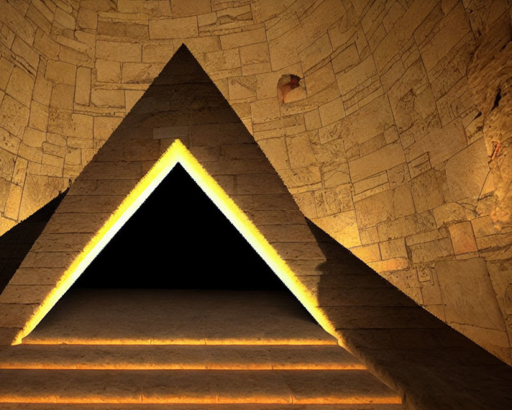 Pyramid interior with illuminated edges against stone wall with hieroglyphs