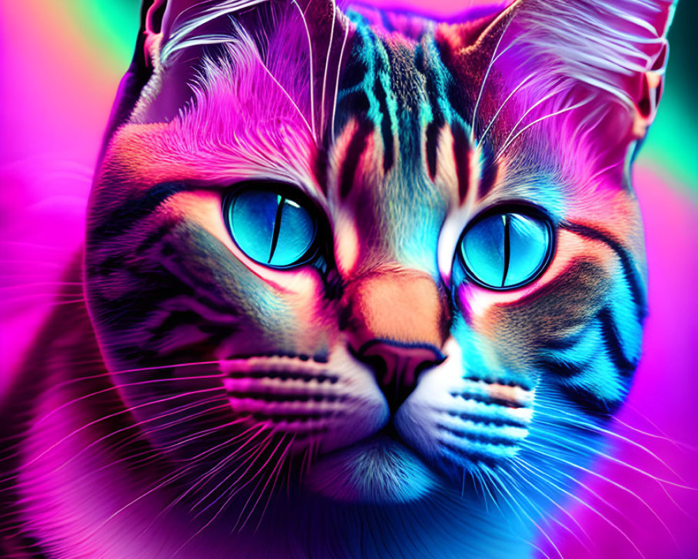 Colorful Digital Art of Neon Cat with Blue, Pink, and Green Hues