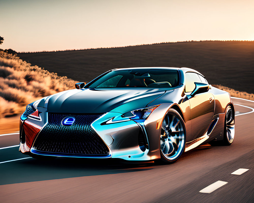 Luxury Lexus LC Coupe on Highway at Sunset with Orange Glow