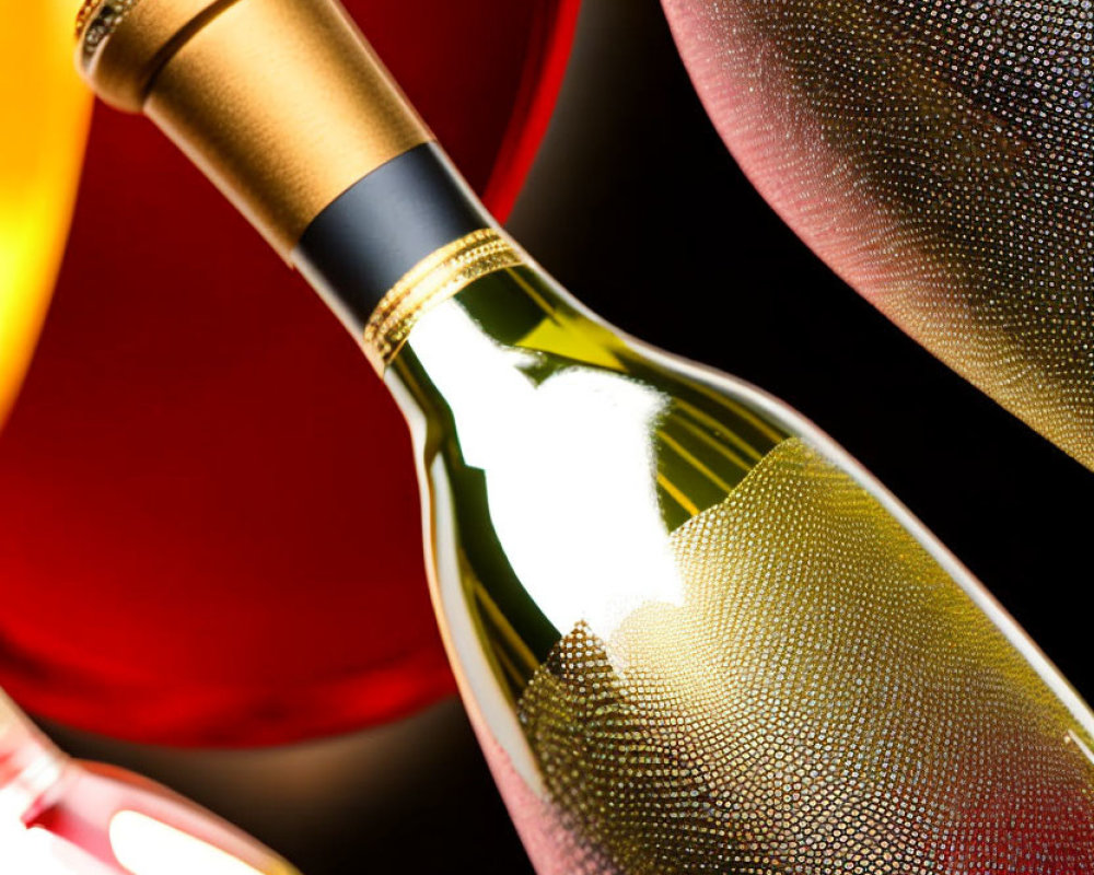 Textured glass wine bottles on red background with focused label and gold foil