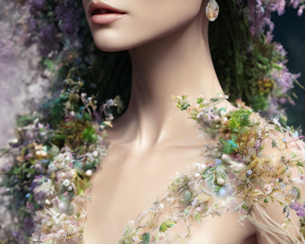 Portrait of woman adorned with vibrant purple and green flora and delicate flowers, exuding mystical aura