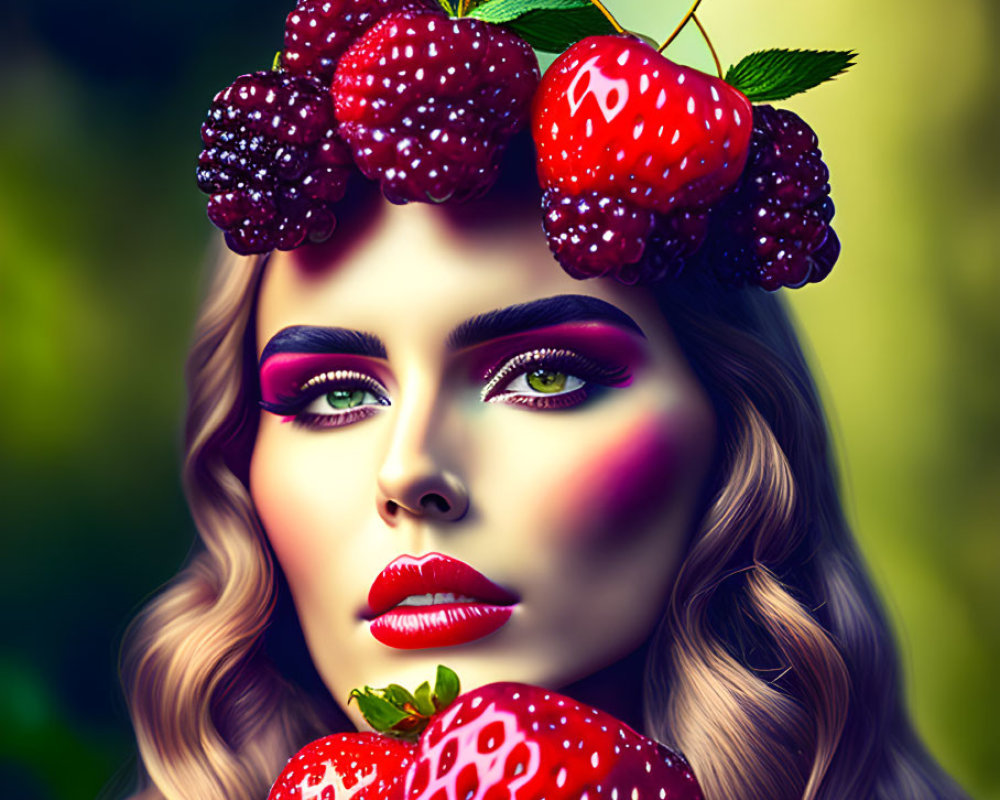 Colorful portrait of woman with berry-inspired makeup and artistic flair