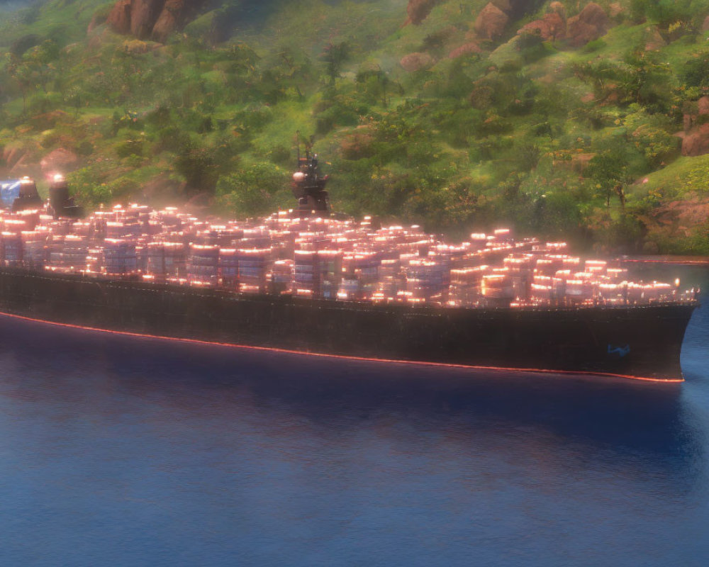 Cargo ship sailing near lush coastline under golden-hour light