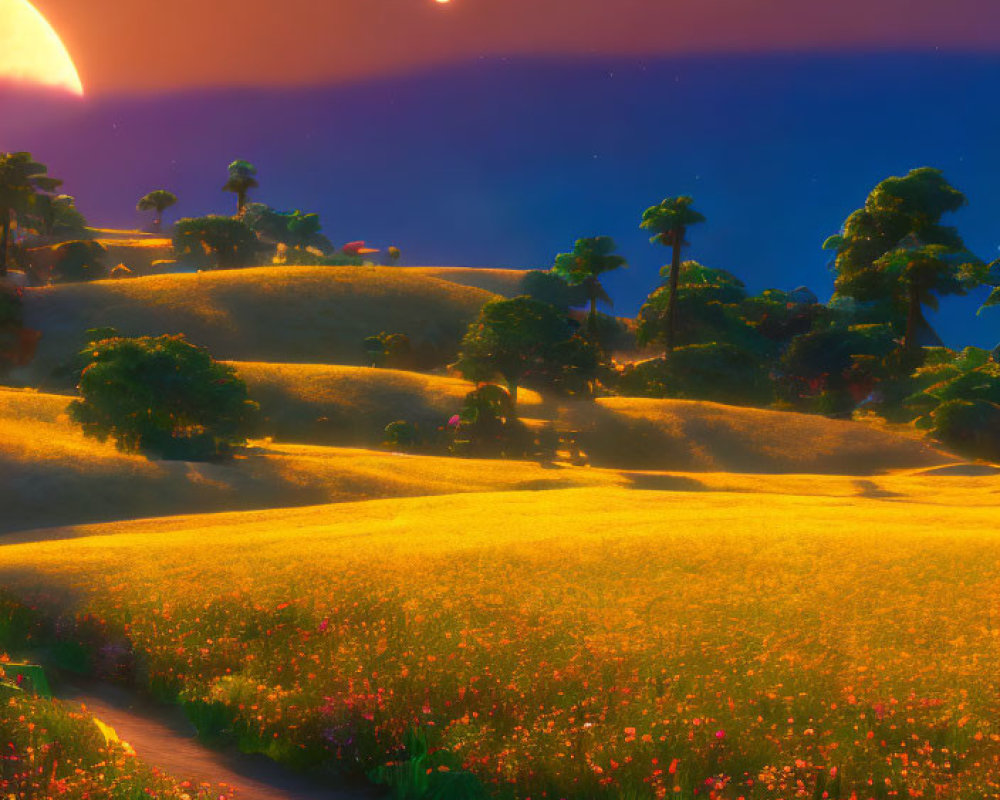 Scenic sunset with sun, moon, hills, and flowers