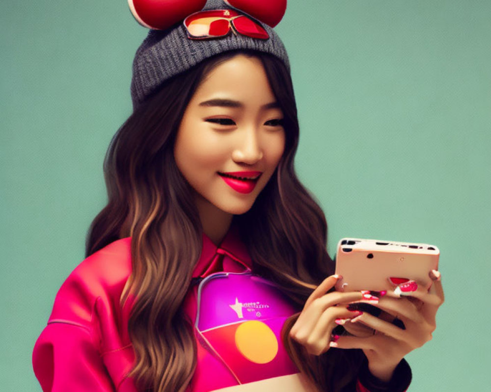 Woman in Grey Beanie with Red Mouse Ears and Pink Sunglasses Smiling with Smartphone on Green