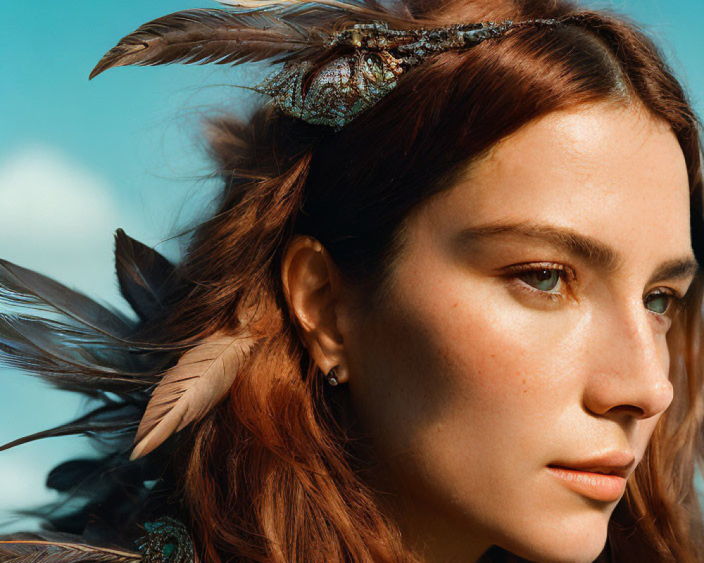 Woman with Red Hair and Feathered Headpiece under Blue Sky