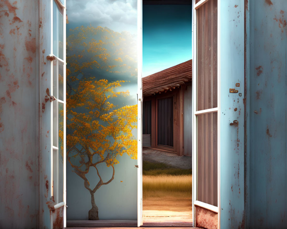 Rusted open window frame with blossoming tree and wooden cabin